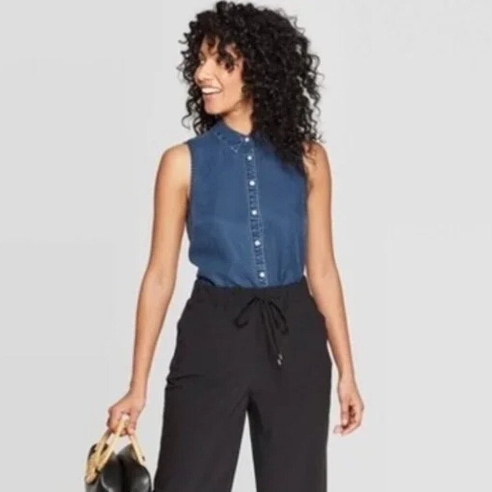 A‎ New Day XS Denim Sleeveless Buttoned Top Casual Boho Resort Capsule Spring